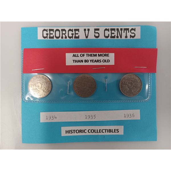 GEORGE V .05¢ (five cent) (1934, 1935, 1936); CANADIAN 'NICKEL' DOLLAR (1985); 1919- CANADIAN 'SILVE