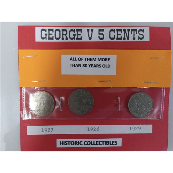 CANADIAN 'LARGE' CENTS (1918 & 1919) HISTORIC COLLECTIBLE; GEORGE V .05 ¢ (1927, 1928, 1929 - five c