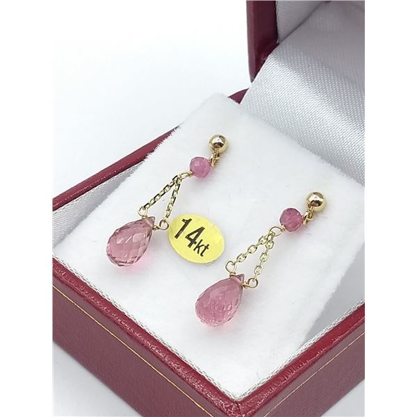 14kt. Yellow Gold genuine Rubellite Briolette Earrings, 2.42cts of Rubellite, W/A $1215.00