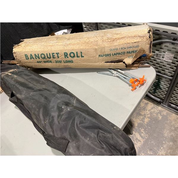 40"W X 300' LONG TARP WITH POLES AND FOUR TENT PEGS