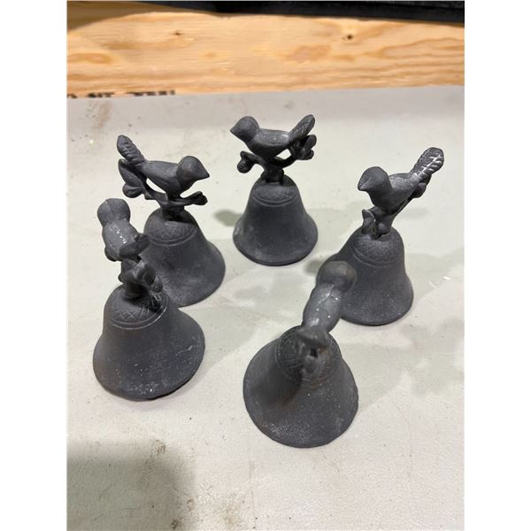 FIVE BRASS BELLS WITH BIRDS