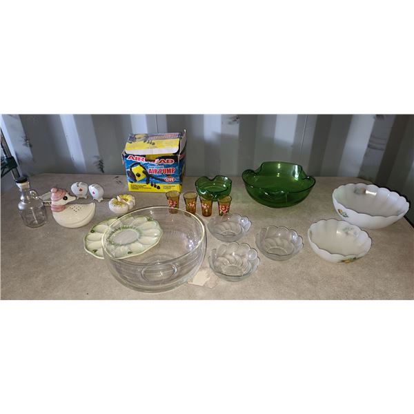 S&P SHAKERS, EGG DISH, SHOT GLASSES, CANDY DISH/BOWLS AND AIR PUMP