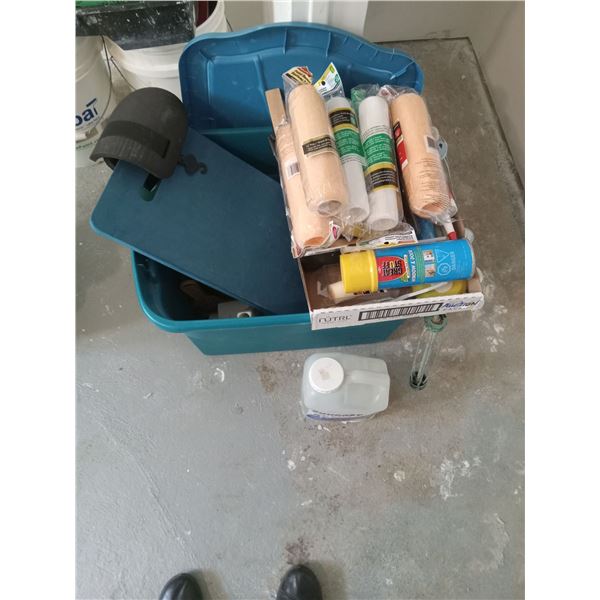 LARGE ASSORTMENT Of PAINT SUPPLIES c/w STORAGE BIN