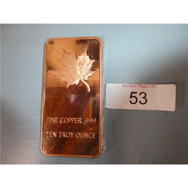 Fine Copper .999 Ten Troy Ounce Bar