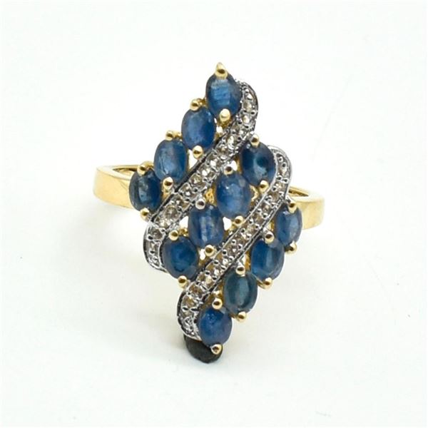 Gold plated Silver Blue Sapphire White Topaz(3.6ct) Gold Rhodium Plated Ring (~weight 4.65g)