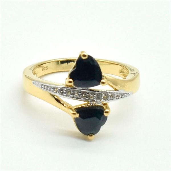 Gold plated Silver Blue Sapphire White Topaz(1.8ct) Gold Rhodium Plated Ring (~weight 3.6g)