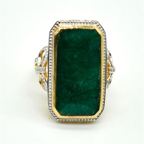 Gold plated Silver Emerald(13.5ct) Gold Rhodium Plated Ring (~weight 9.45g)