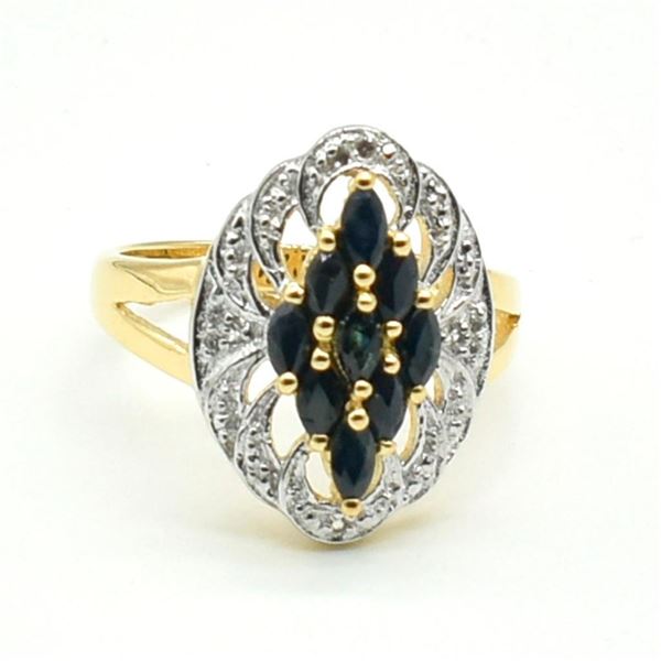 Gold plated Silver Blue Sapphire White Topaz(1.25ct) Gold Rhodium Plated Ring (~weight 4.5g)