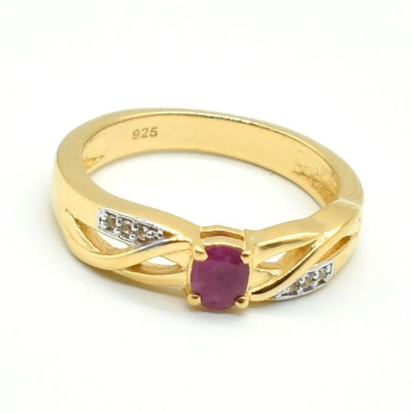 Gold plated Silver Ruby White Topaz(0.3ct) Gold Rhodium Plated Ring (~weight 3.3g)