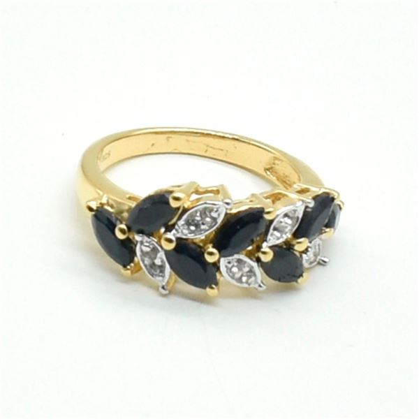 Gold plated Silver Blue Sapphire White Topaz(2.25ct) Gold Rhodium Plated Ring (~weight 4.2g)