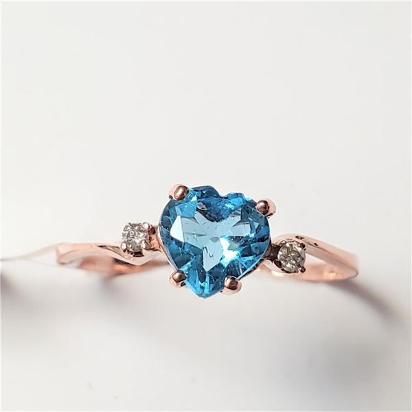 10K Rose Gold Blue Topaz(0.9ct) Diamond(0.02ct) Ring (~Size 6.5)(Ring is resizable for $40) (~length