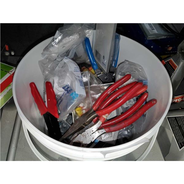 Pail Lot of assorted electrical tools and supplies