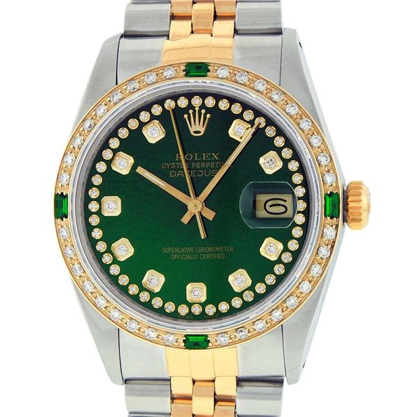 Rolex Mens 2 Tone Green String Diamond & Emerald Datejust Wristwatch