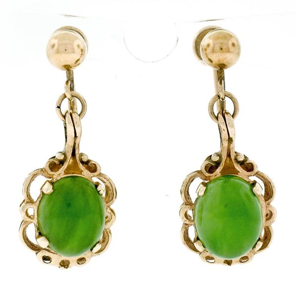 Vintage 14k Yellow Gold Oval Green Jade Non Pierced Earrings