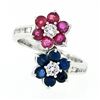 Image 4 : Estate 14k White Gold Round Sapphire Ruby & Diamond Flower Cluster Bypass Ring