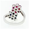 Image 7 : Estate 14k White Gold Round Sapphire Ruby & Diamond Flower Cluster Bypass Ring