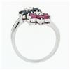 Image 8 : Estate 14k White Gold Round Sapphire Ruby & Diamond Flower Cluster Bypass Ring