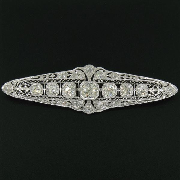 Art Deco Platinum 6.00 ctw Old European and Mine Cut Diamond Filigree Brooch