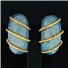 Image 2 : Vintage 18k Yellow Gold Textured Baby Blue Enamel Twisted Wire Dome Earrings