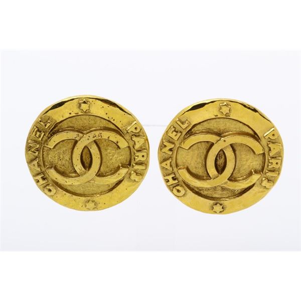 Chanel Gold-tone Metal CC Paris Logo Button Clip-on Earrings
