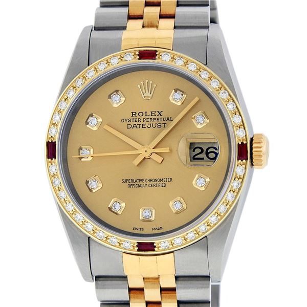Rolex Mens 2 Tone Champagne Diamond & Ruby 36MM Datejust Wristwatch