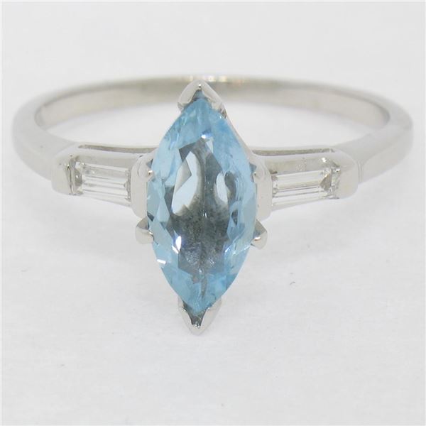 Vintage 14k White Gold 1.20 ctw Marquise Aquamarine and Baguette Diamond Ring