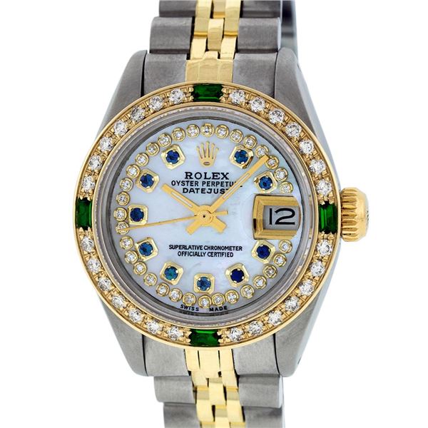 Rolex Ladies 2 Tone MOP Sapphire & Emerald Datejust Wristwatch