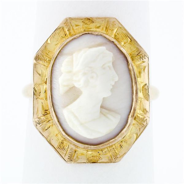 Antique 10k Gold Carved White Stone Cameo Ring Hand Engraved Octagon Frame Halo