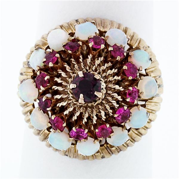 Vintage 14K Gold 0.55 ctw Ruby & Opal Dual Halo Open Work Fluted Cocktail Ring