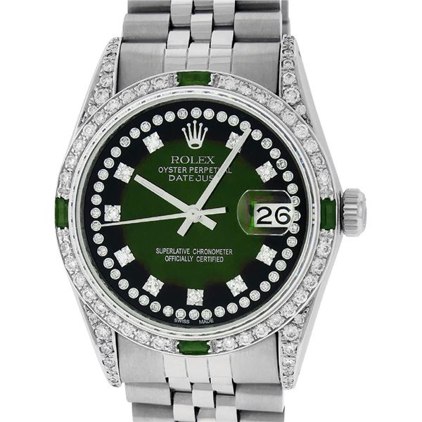 Rolex Mens Stainless Steel Diamond Lugs Green Vignette & Emerald Datejust 36MM