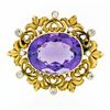 Image 1 : Antique Art Nouveau 14K Gold Amethyst Diamond Pearl Foliated Heart Frame Brooch