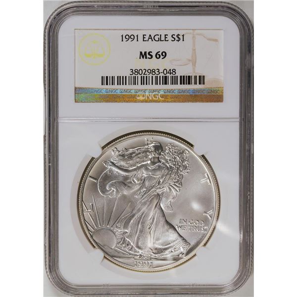 1991 American Silver Eagle .999 Fine Silver Dollar Coin NGC MS69