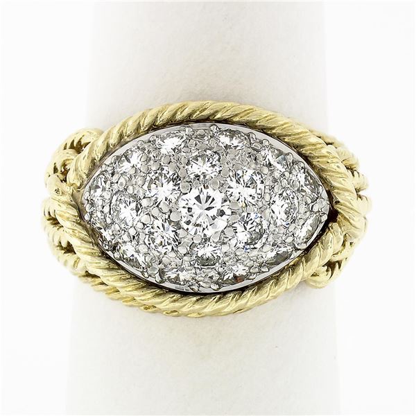 Vintage 18k Gold & Platinum 1.40 ctw Diamond Dome Twisted Wire Statement Band Ri