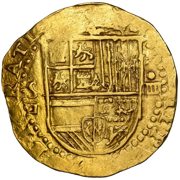 Seville, Spain, gold cob 4 escudos, Philip II, assayer Gothic D below mintmark S to left, NGC AU 55.