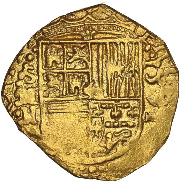 Seville, Spain, gold cob 2 escudos, 1591 date to right, assayer H below mintmark S and denomination