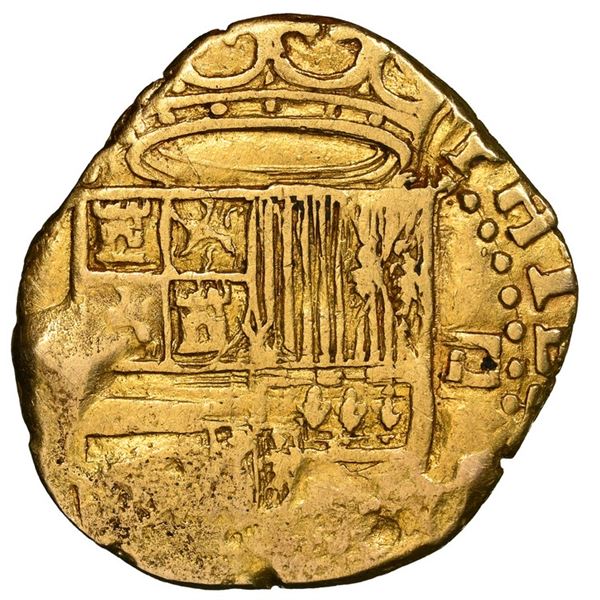 Seville, Spain, gold cob 1 escudo, Philip II, assayer Gothic D to right, mintmark S to left, NGC AU