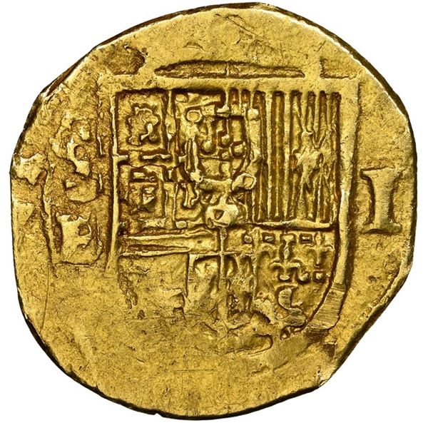 Seville, Spain, gold cob 1 escudo, Phillip II, assayer B, NGC AU 58.