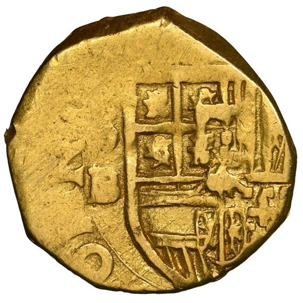 Seville, Spain, gold cob 1 escudo, Philip III, assayer B, OMNIVM variety, NGC AU details / cleaned.