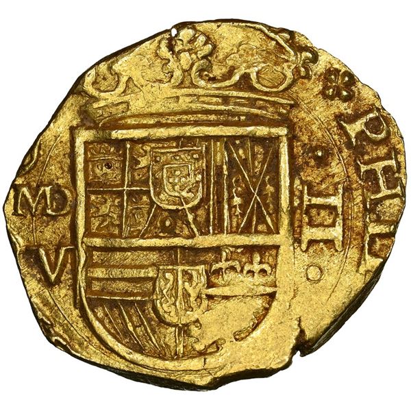 Madrid, Spain, gold cob 2 escudos, 1627 V, rare, NGC MS 63, finest and only example in NGC census.