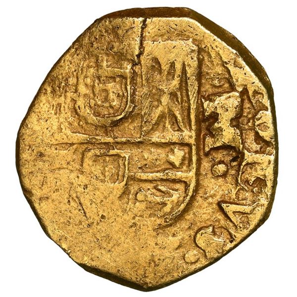 Seville, Spain, gold cob 1 escudo, Charles II, assayer M to right (vertical), NGC AU 53.