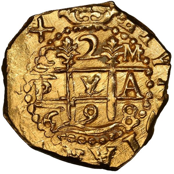 Cuzco, Peru, gold cob 2 escudos, 1698 M, small flan, NGC MS 63 (1715 Fleet Label).