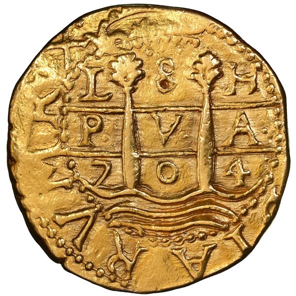 Lima, Peru, gold cob 8 escudos, 1704 H, rare, NGC AU details / removed from jewelry (1715 Fleet labe