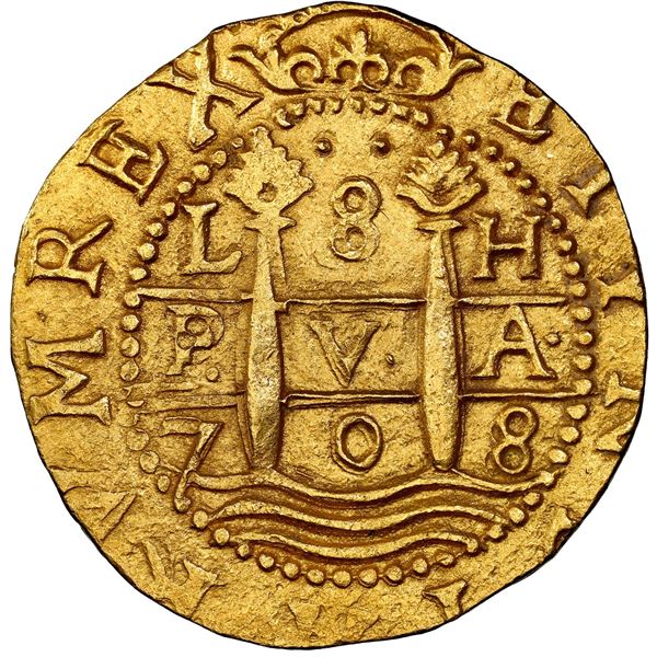 Lima, Peru, gold cob 8 escudos, 1708 H, NGC MS 63 (1715 Fleet Label), ex-Pullin.