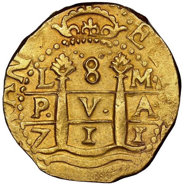Lima, Peru, gold cob 8 escudos, 1711 M, rotated legend, NGC UNC details / edge filing (1715 Fleet La