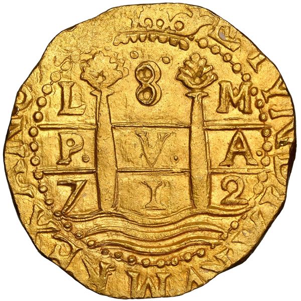 Lima, Peru, gold cob 8 escudos, 1712 M, NGC MS 63 (1715 Fleet Label).
