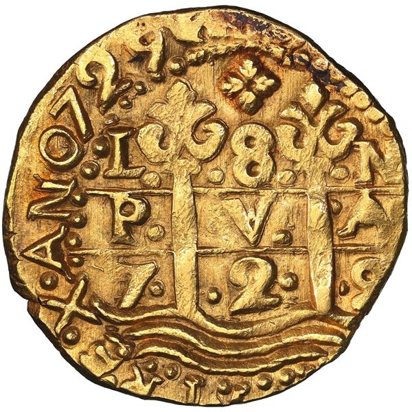 Lima, Peru, gold cob 8 escudos, 1729 N, NGC MS 62 ("top pop").