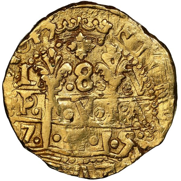 Lima, Peru, gold cob 8 escudos, 1745 V, NGC AU details / cleaned.