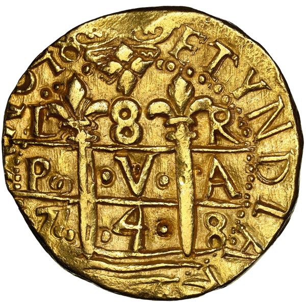 Lima, Peru, gold cob 8 escudos, 1748 R, NGC MS 63.
