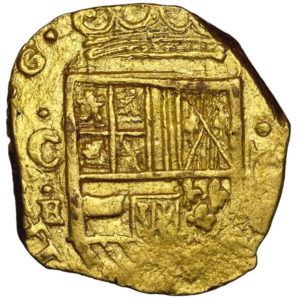 Cartagena, Colombia, gold cob 2 escudos, Philip IV, assayer E below mintmark C to left, dots inside 