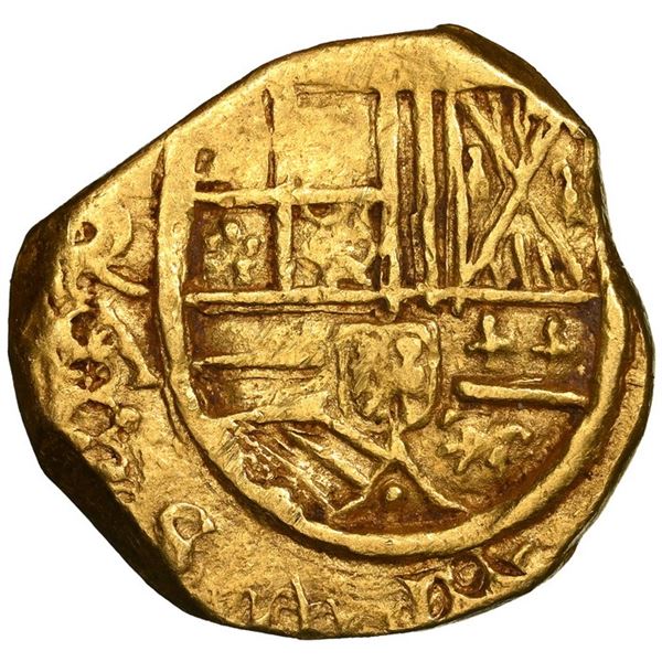 Bogota, Colombia, gold cob 2 escudos, Phillip IV, assayer A below mintmark NR to left (ca. 1640), NG